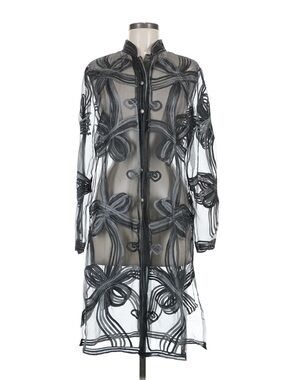 Sheer Embroidered Longline Button-Up Coat - Black